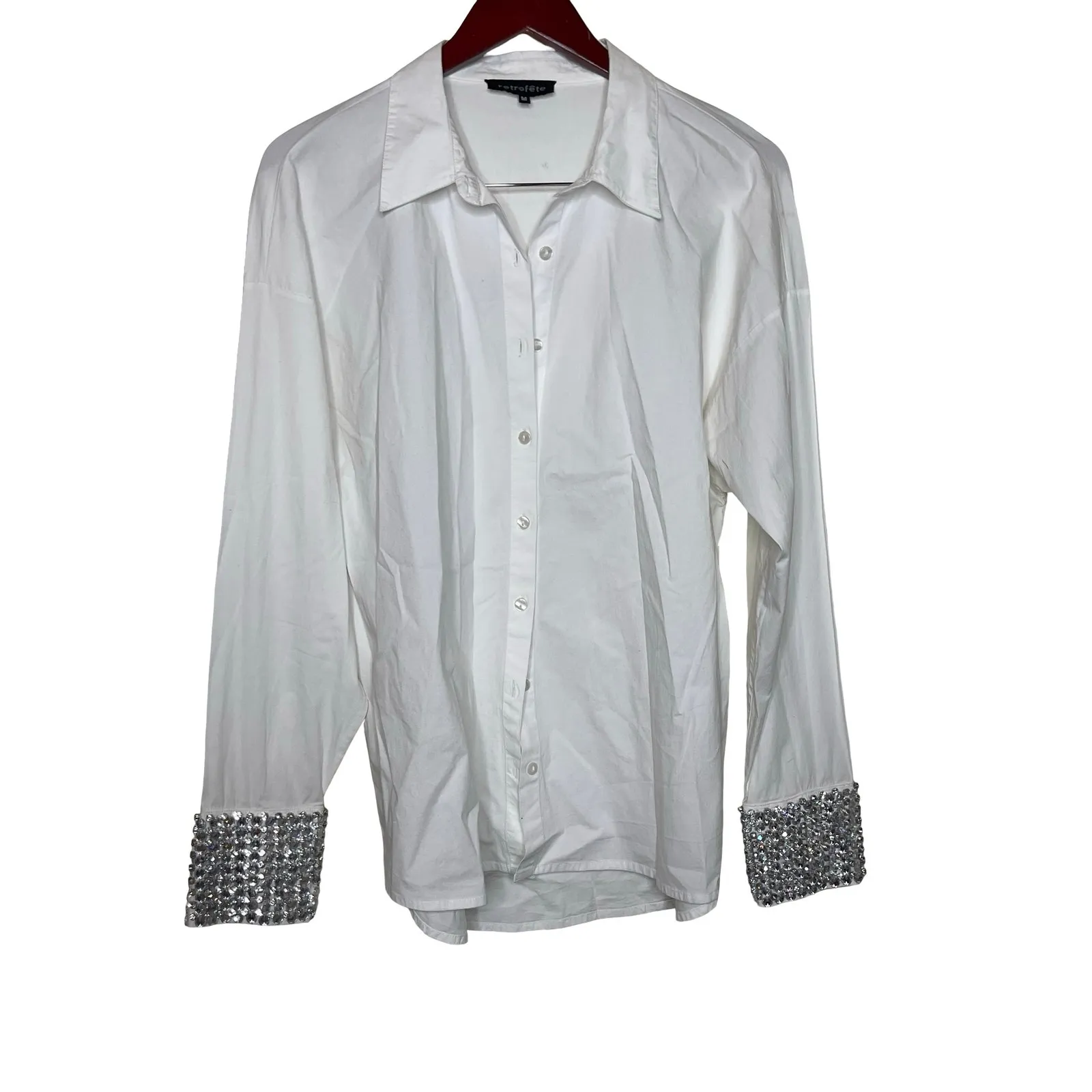 Retrofete Katie Rhinestone Cuff Button Down Top White Silver Womens Size M Size M - Image 2