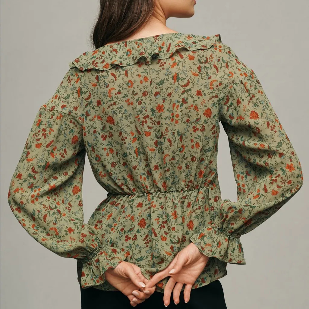 Reformation Wyn Floral Top Green 0 Ruffle Puff Sleeve Cottagecore Blouse - Image 8
