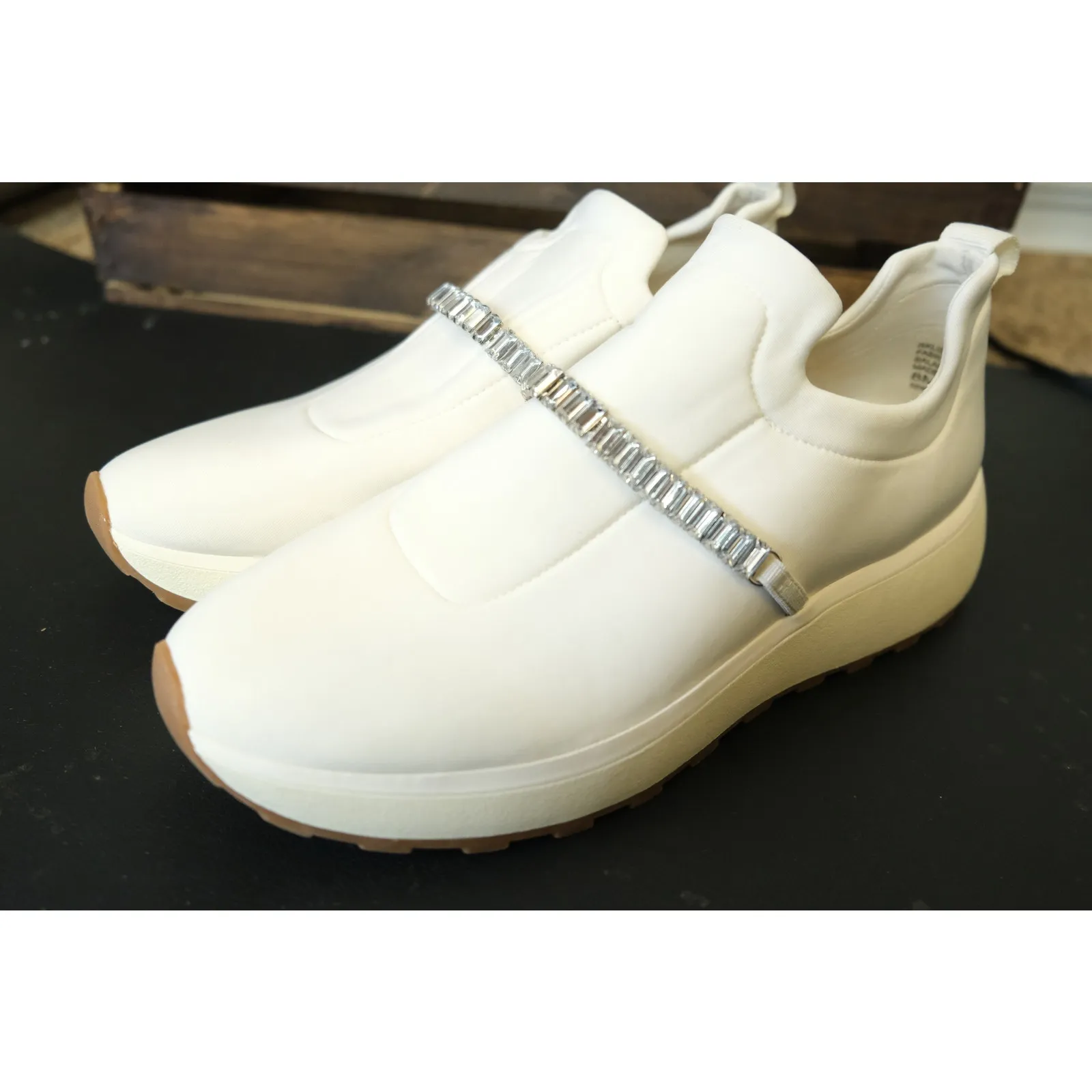 NWOT Nordstrom Lisbon White Slip On Sneaker Crystal Embellished Strap Womens 8 - Image 3