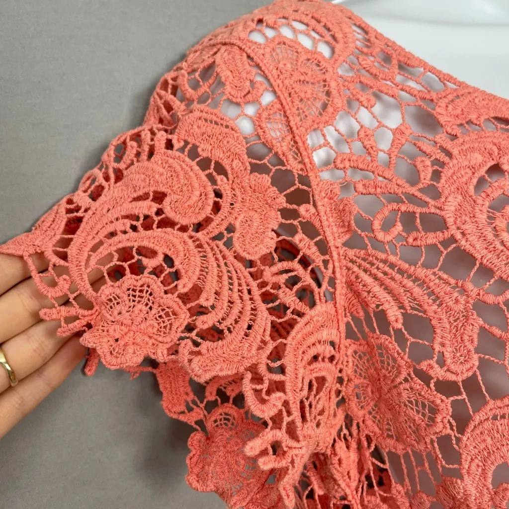 Lace Crop Top Peach Pink‎ Short Sleeves Women Scalloped Delicate Overlayer Piece Pink - Image 7