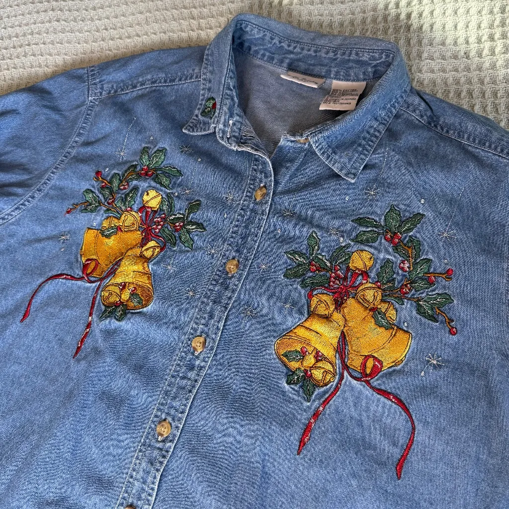 Vintage Bobbie Brooks Ugly Christmas Denim Shirt 14W/16W Embroidered Bells Top Blue - Image 2