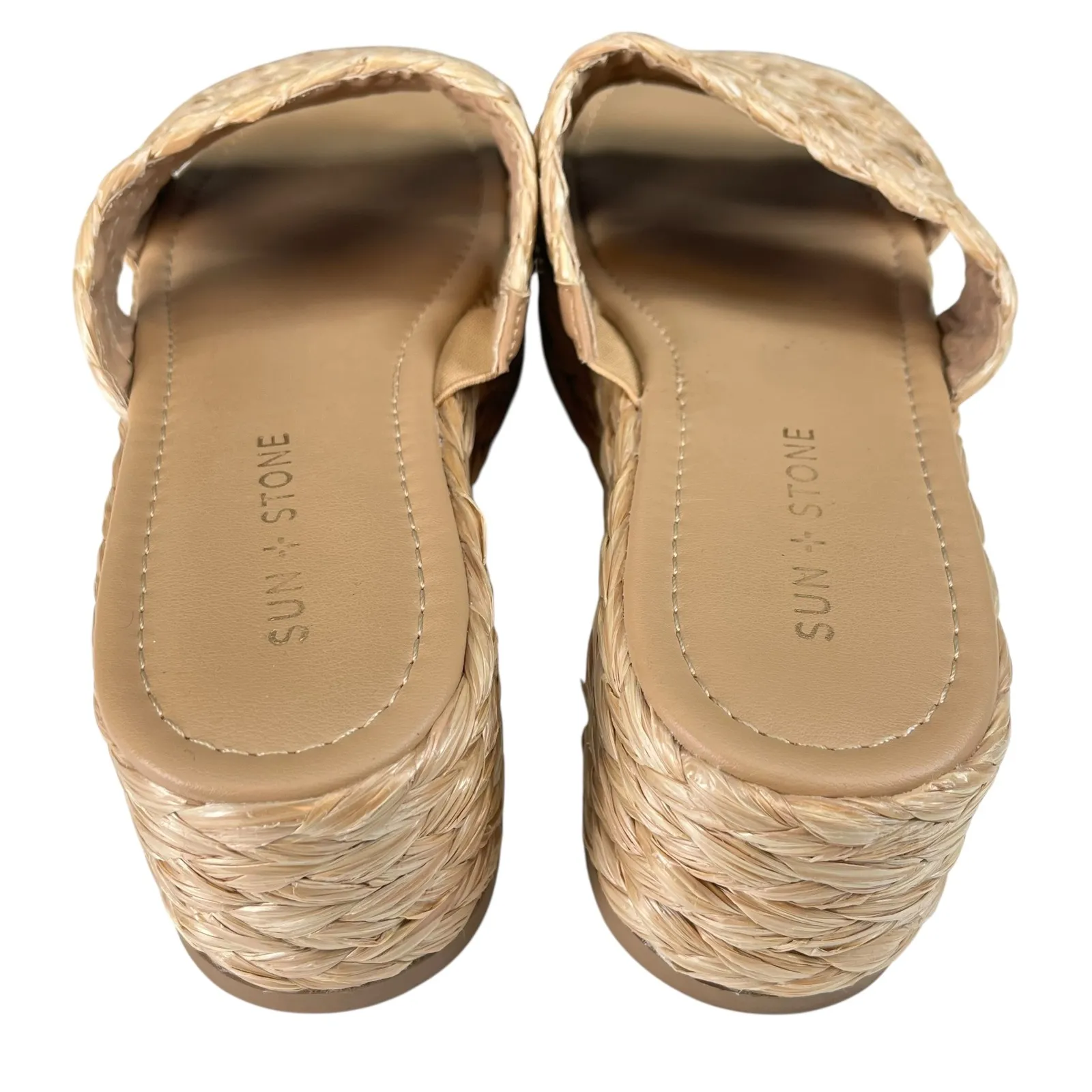 Sun‎ Stone Women's Platform Wedge Sandals Raffia Double Strap Slides Size 10 Tan - Image 5