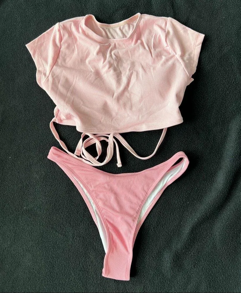Boutique Ribbed t shirt tie back bikini set - Image 2