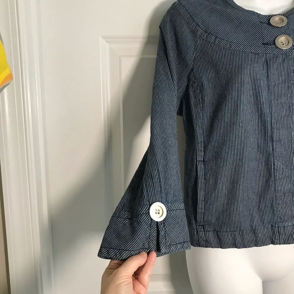 Anthropologie Tria Railroad Striped Big Button Crew Jean Crop Jacket Blu… - Image 10