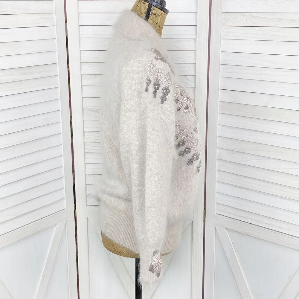Vintage Su Lim Floral‎ Embroidered Angora Sweater Taupe Pearl Embellished PM Tan Size undefined - Image 3