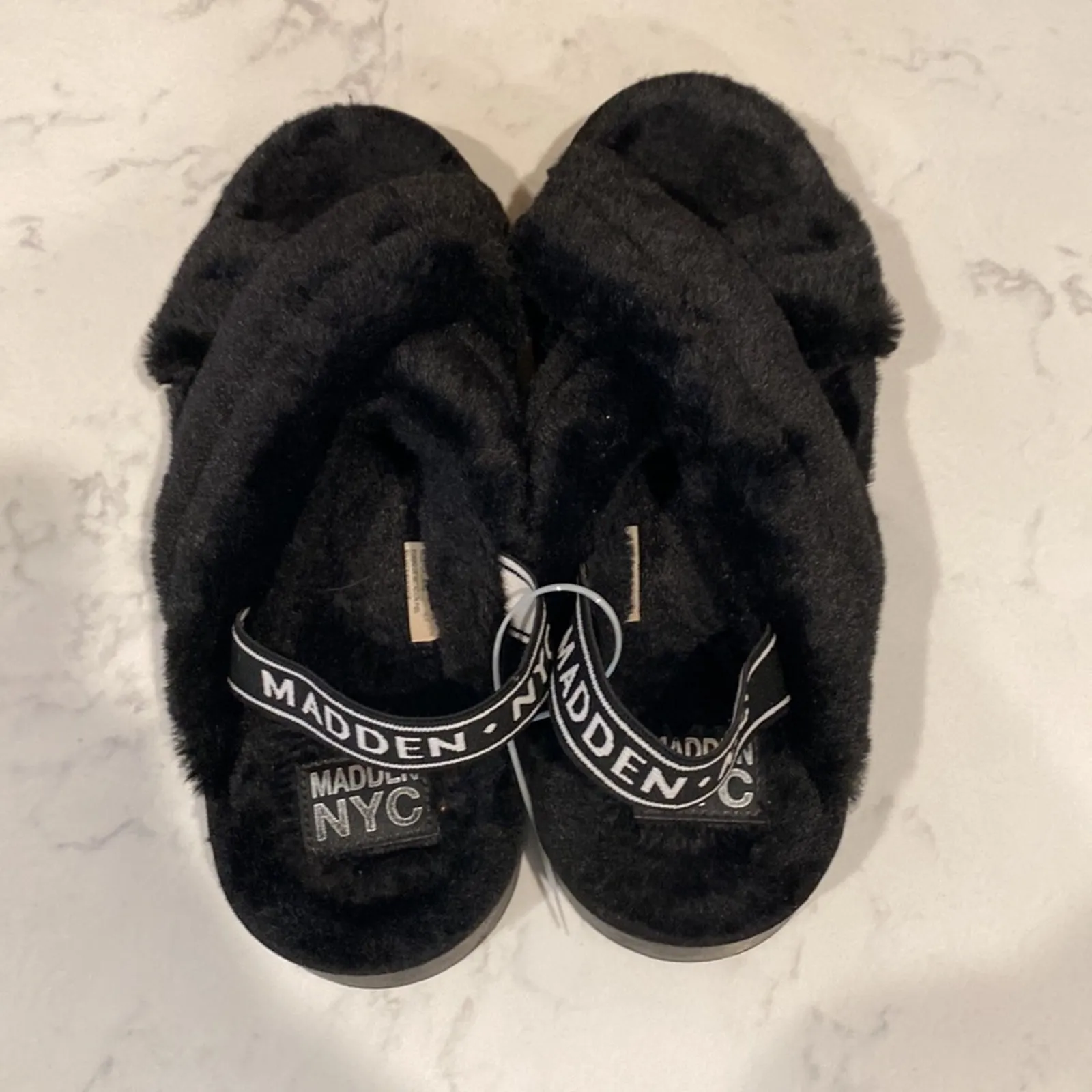 Madden NYC BLACK Faux Fur Crossband Platform Slipper Sandal Elastic cozy z 11 - Image 2