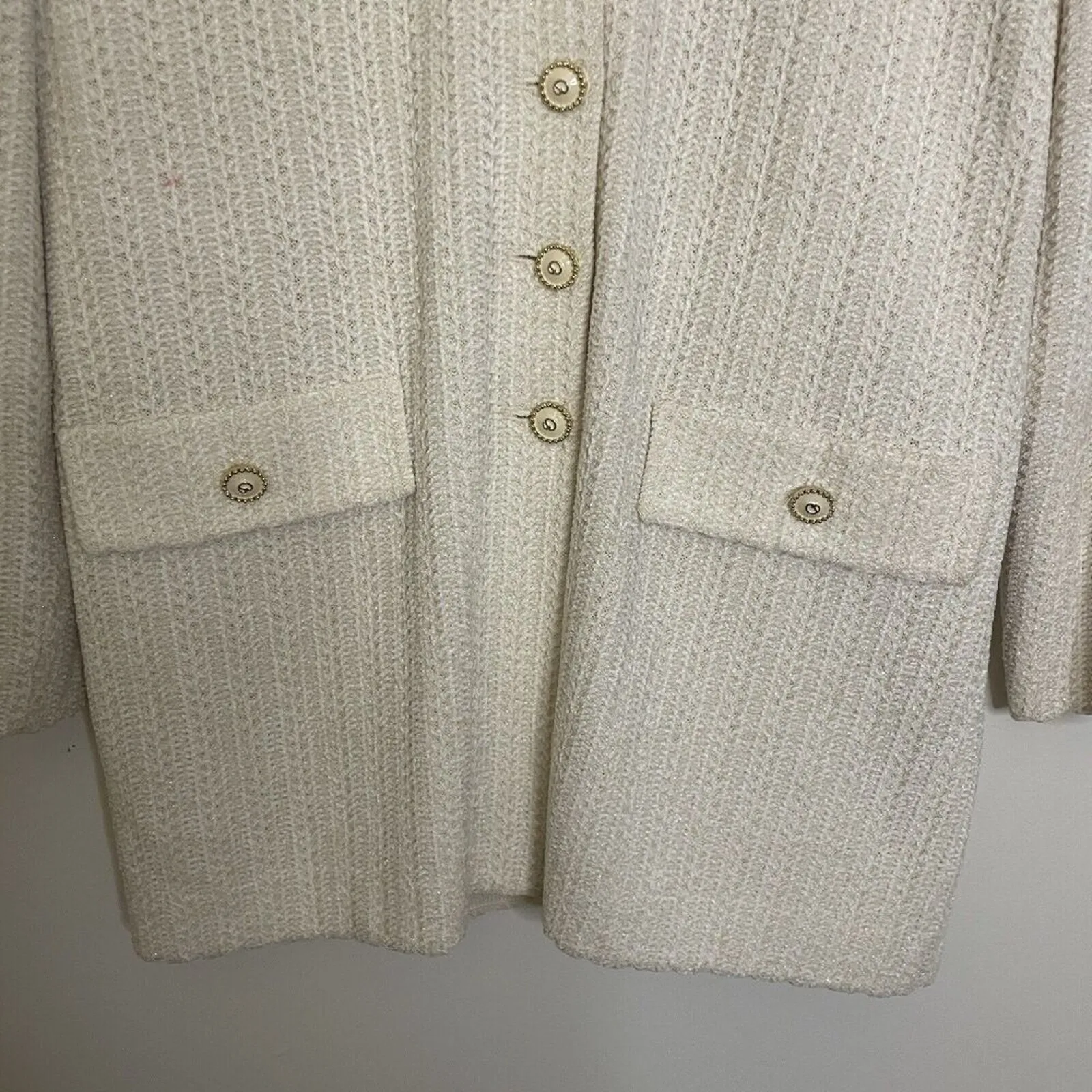 St John Collection Tweed Jacket Size Medium Button Knit Ivory USA Shoulder Pads - Image 3