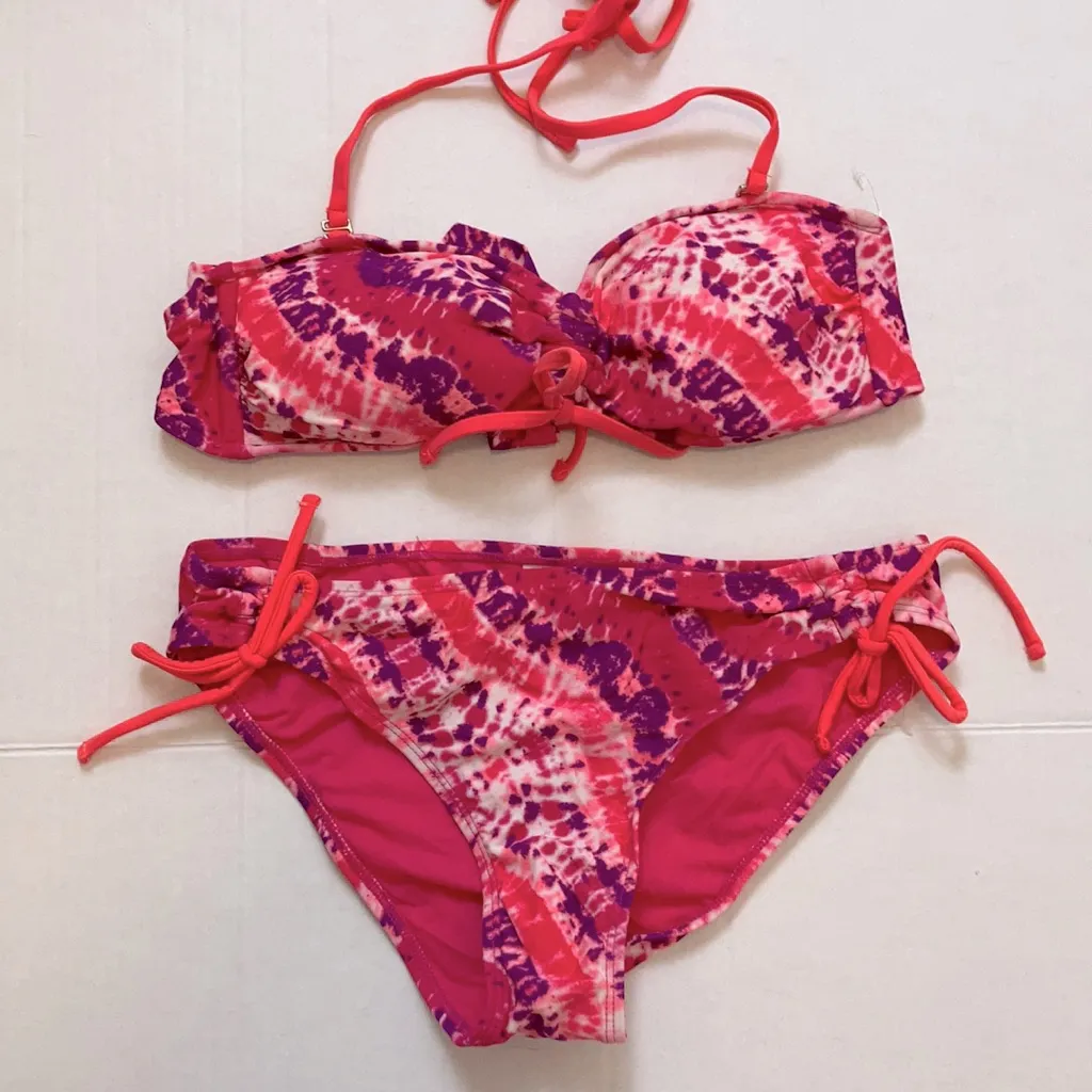 California Waves Hot Pink Tie Dye Size Medium Bandeau Top & Bottoms A62 - Image 7