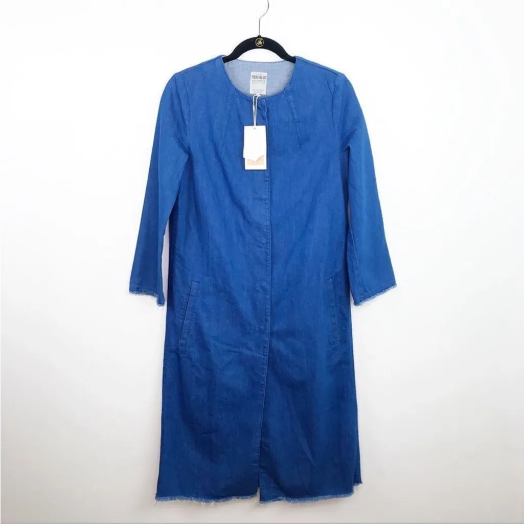 ZARA Blue Jean Jacket longline collarless denim duster small - Image 7