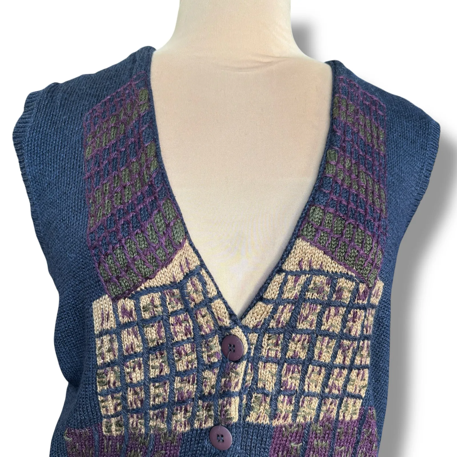 Vintage 90s Leslie Fay Navy Blue Knit Sweater Vest Geometric Plaid Vneck Medium - Image 2