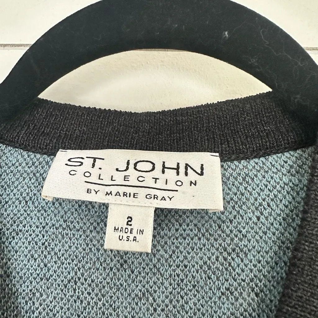 St John Women’s 2 Wool Blend Blue Leopard Cardigan Office Core Career Dressy - Image 2