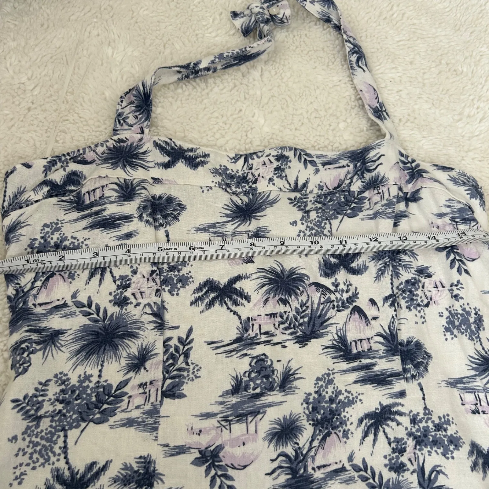 Abercrombie & Fitch Linen Blend Halter Mini Dress Size LP Blue White Tropical‎ - Image 4