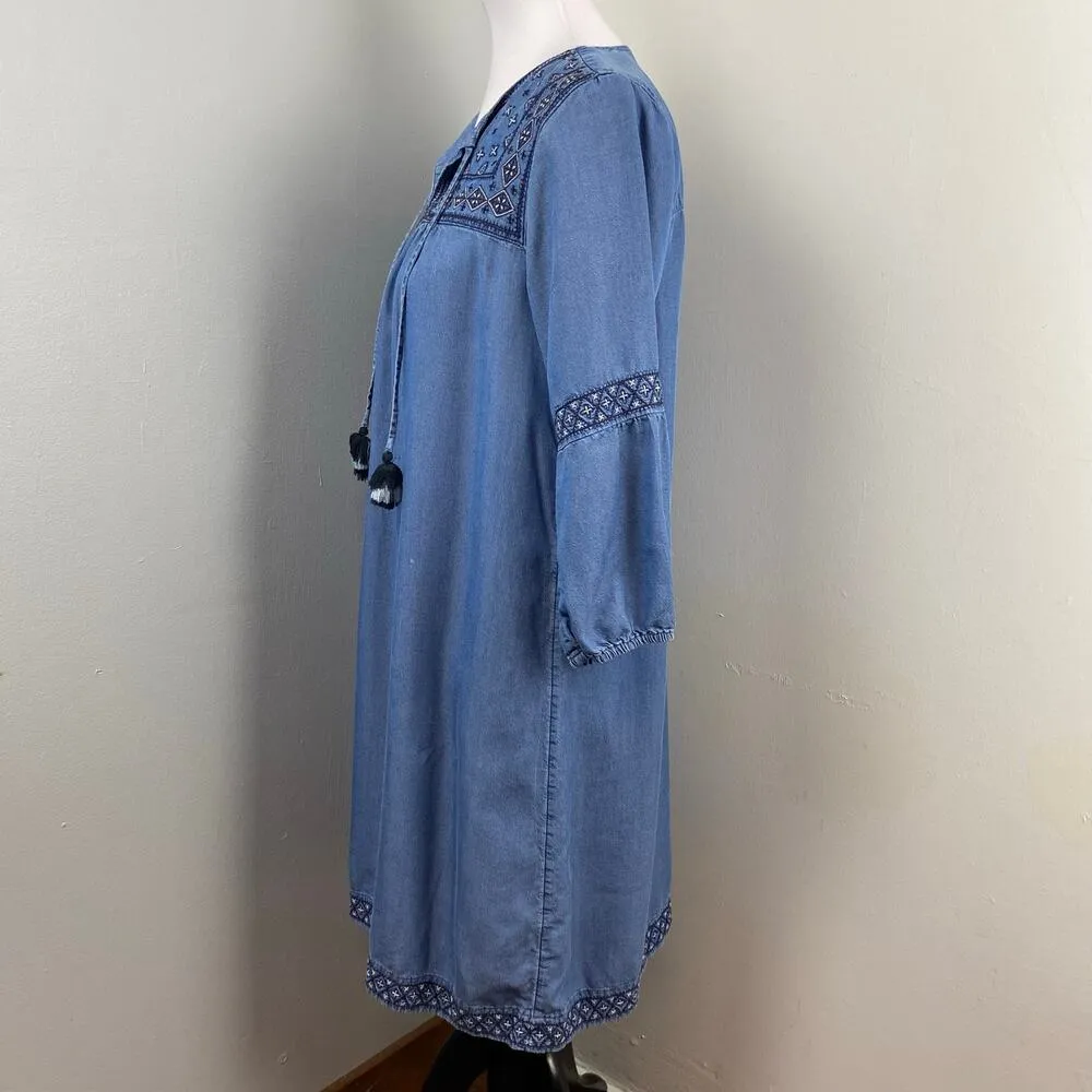 J Jill Denim Embroidered Chambray Boho Dress Tassel Tencel Small - Image 6