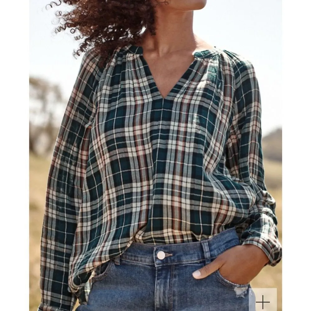 Garnet Hill Organic-Cotton Plaid Popover‎ Size Small NWT Green Black Pink - Image 2