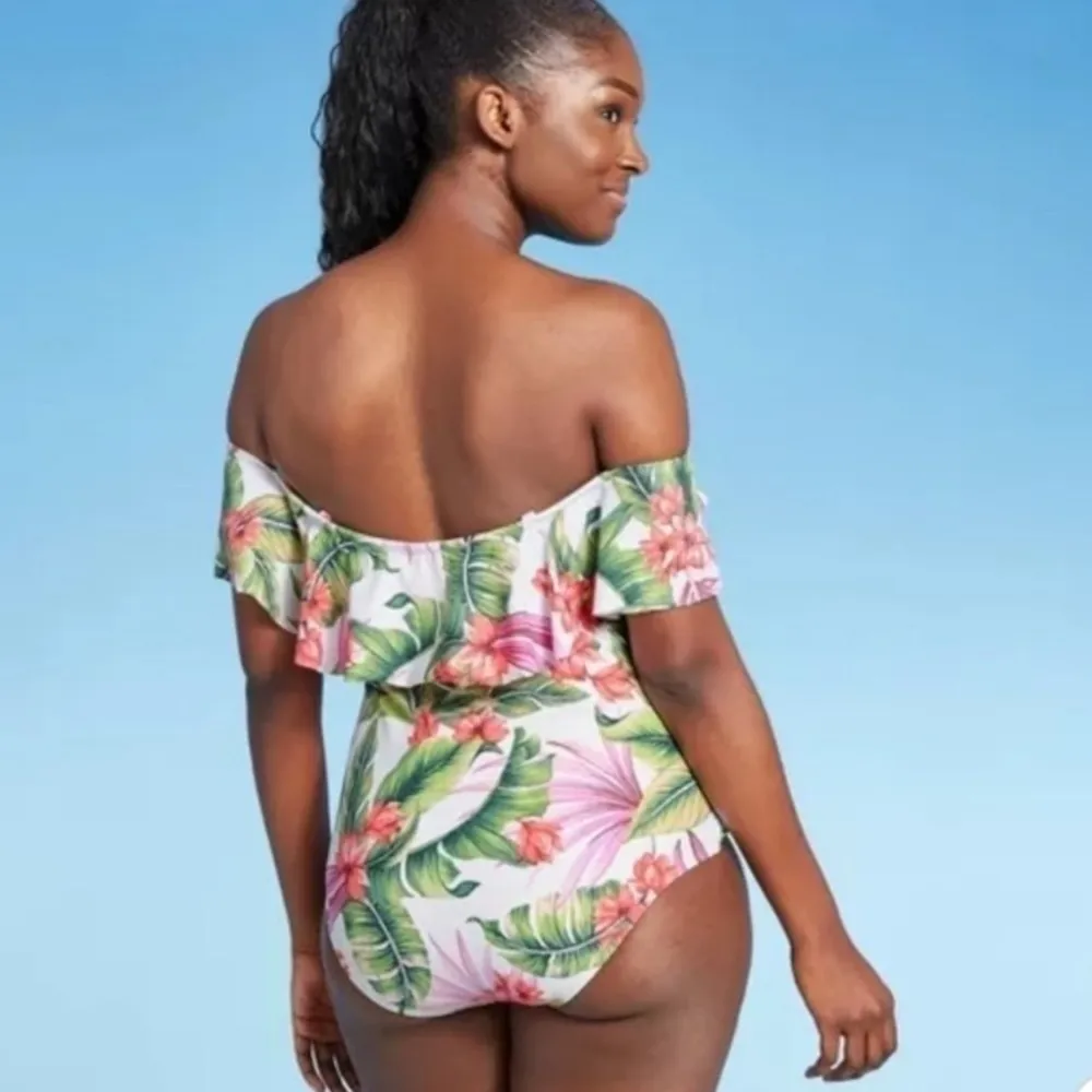 Kona Sol swimsuit‎ Off Shoulder Flounce High Coverage One Piece Tropical - Image 8