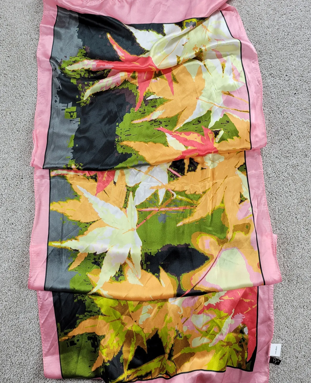 Bodie Womens Scarf 58" x 21" Pink Green Autumn Maple Silk Rectangle Wrap Shawl - Image 1