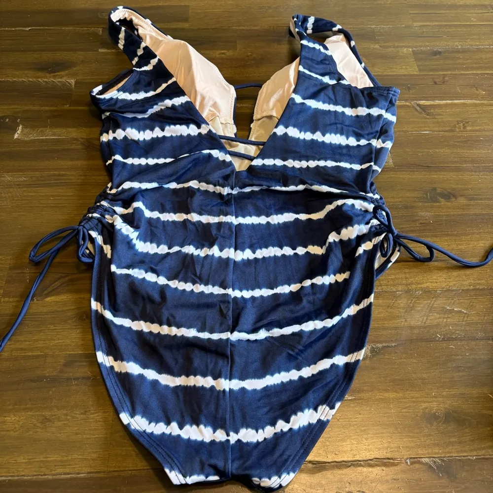 Plus Size Tie Dye Side Tie One Piece Deep V Ruching Flattering 1X Stripe Blue - Image 4