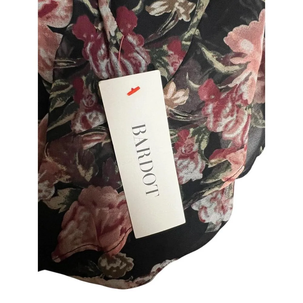 Revolve Bardot Skirt XS Black Floral Ruffled Mini Tiered Trim Chiffon Lined - Image 4