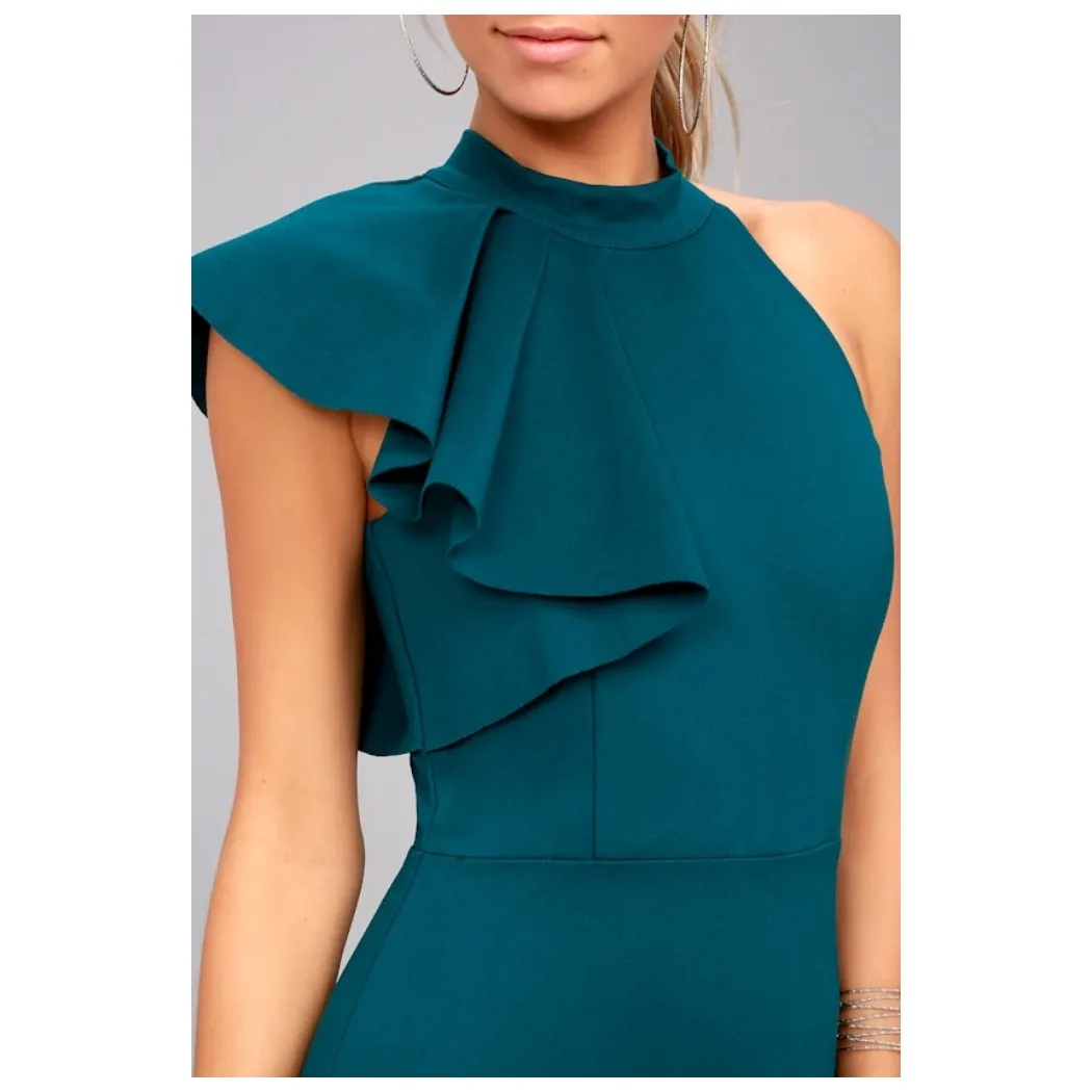 NWT Lulus Teal Margaux One-Shoulder Maxi Dress Wedding Formal Gala Banquet Sz M - Image 8