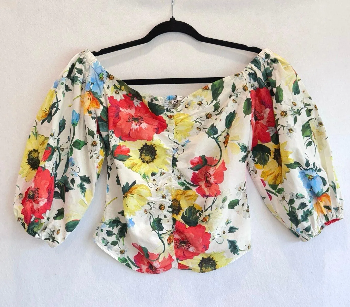 Zara Floral Puff Sleeve Blouse Off Shoulder Smocked Back M Romantic Cottage - Image 2