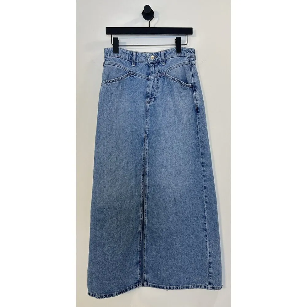 FREE PEOPLE Come As You Are Denim Maxi Skirt in Wash Sapphire Blue With Slit 4 - Image 6