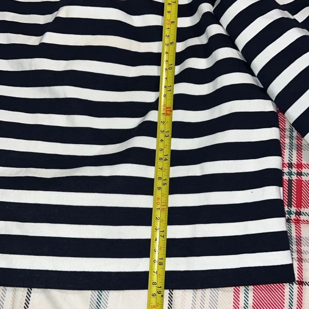 J. CREW women’s medium off the shoulder dark blue stripe top bow sleeve detail - Image 11