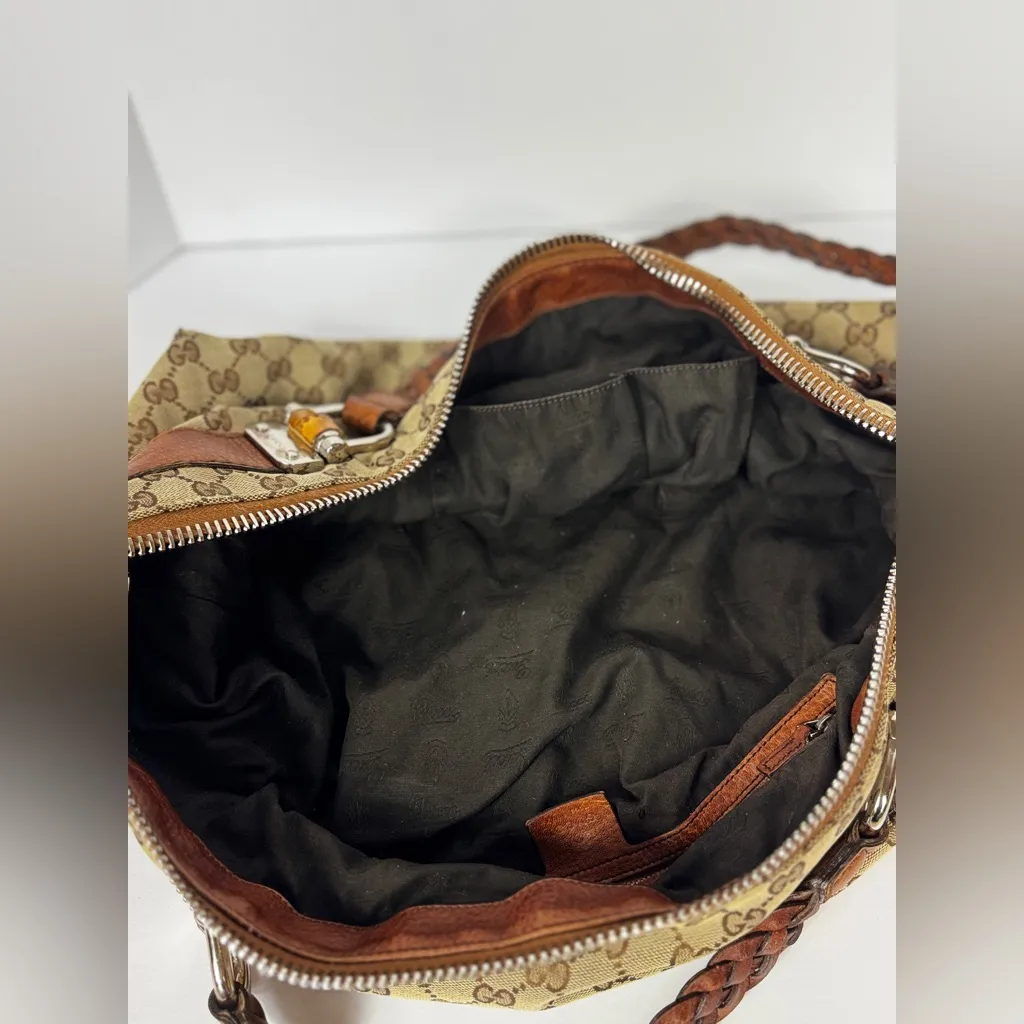 Gucci Tan and Brown Monogram Silver Hardware Shoulder Bag - Image 8