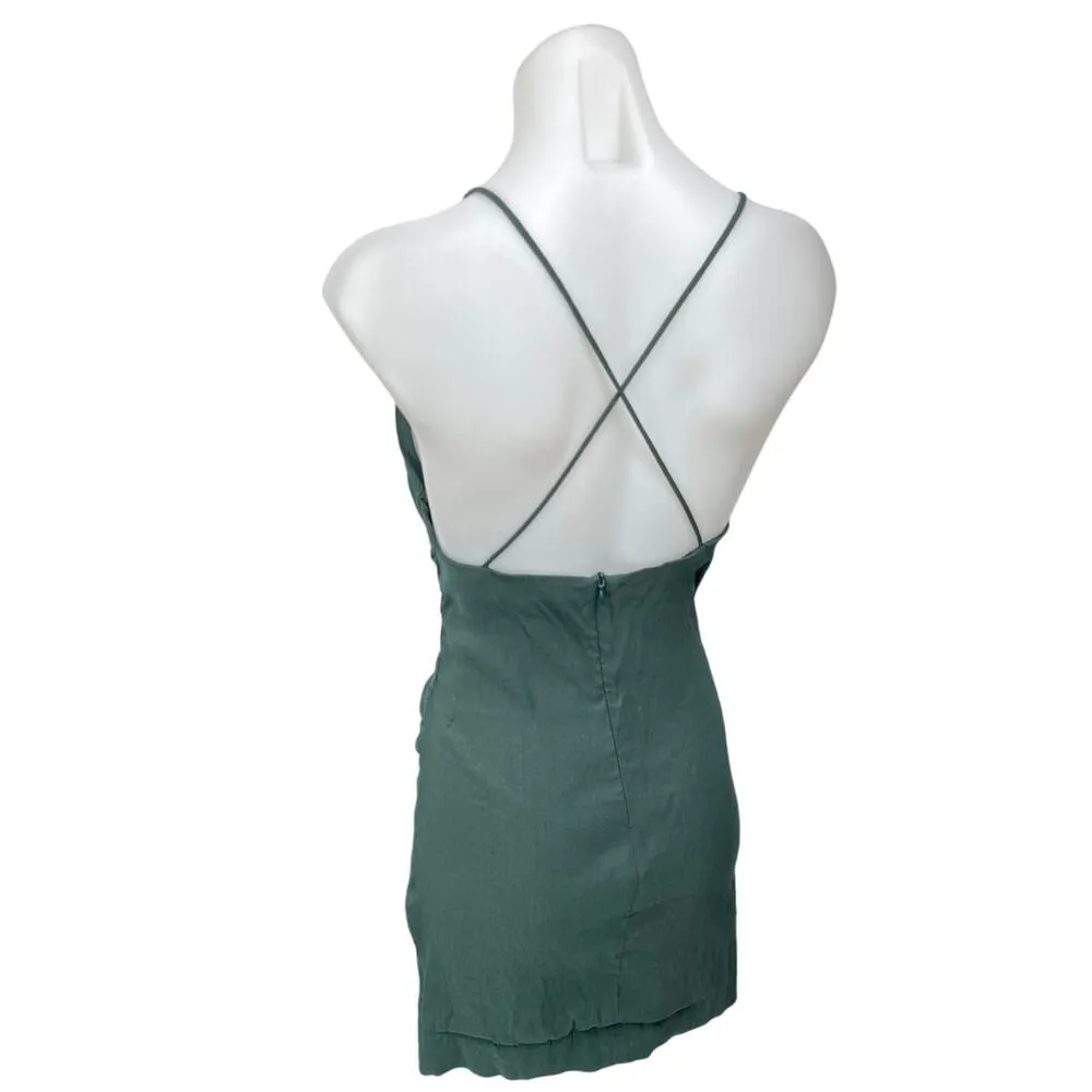 Zara Green Linen Sleeveless Ruched Cross Back Cami Camisole Mini Tank Dress M - Image 7