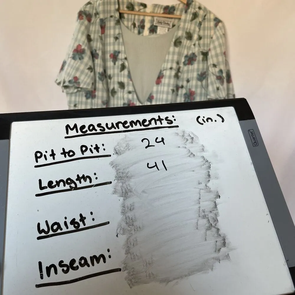 Lady Dorby vintage dress floral padded shoulders size 18 checkered green button - Image 9