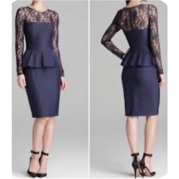 David Meister Navy Blue Lace Peplum Illusion Neck Sleeve Cocktail Dress $450 10 - Image 3