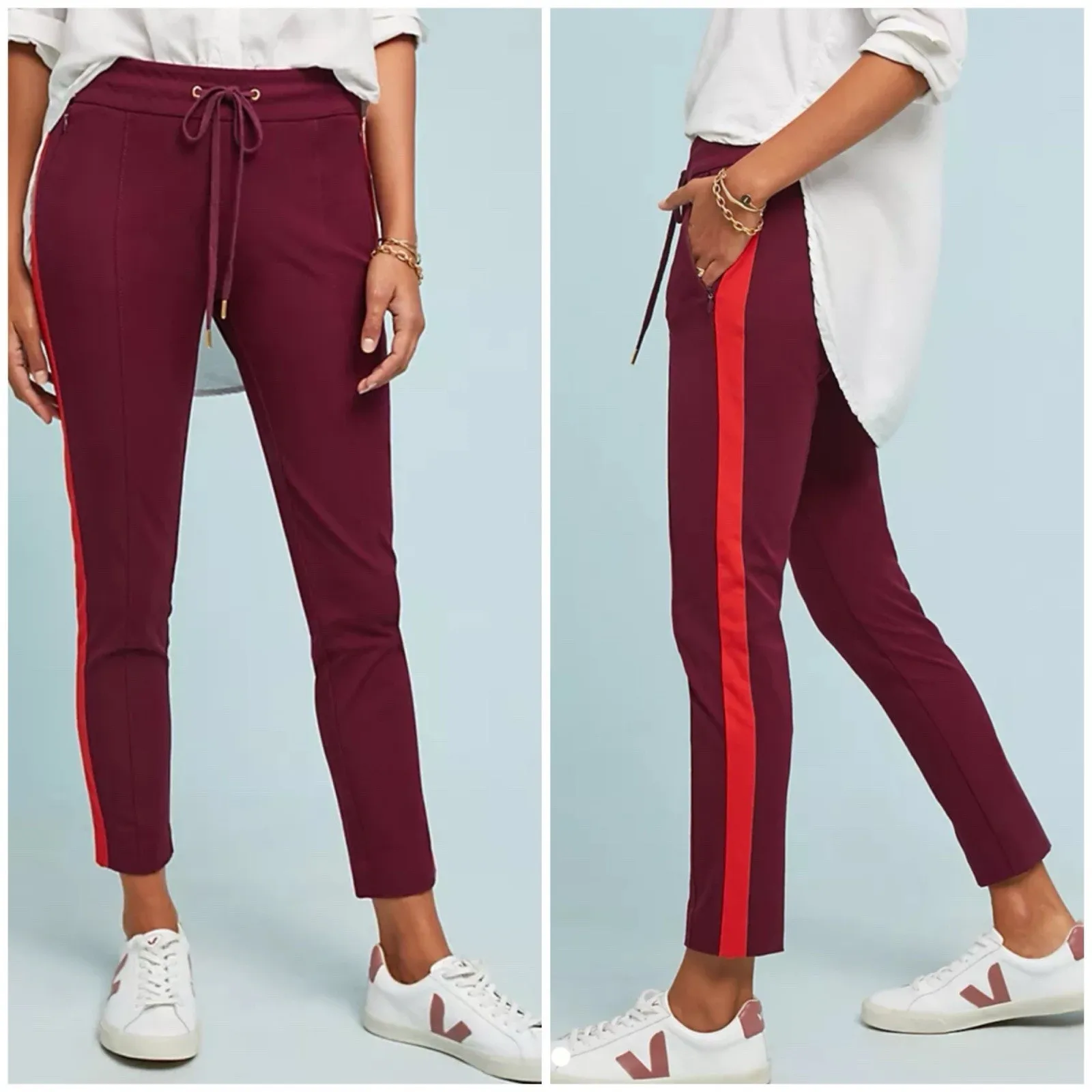 Anthropologie Burgundy Side Stripe Jogger Pants Sporty Chic Pull-On Trousers 4 - Image 2