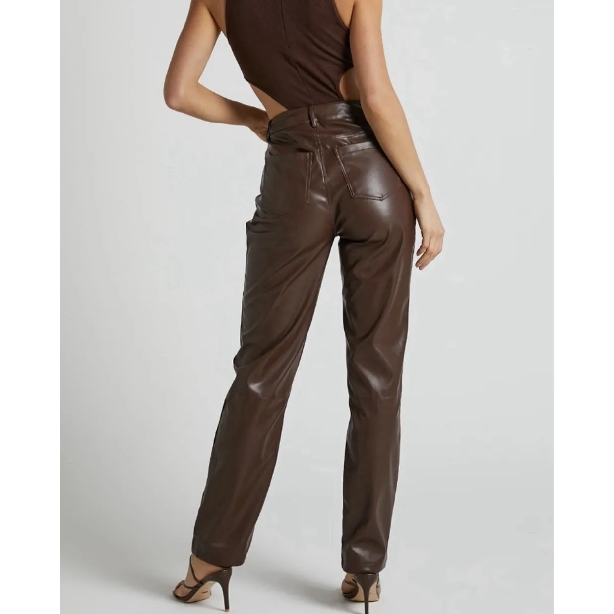 Showpo DILYENNE HIGH WAIST STRAIGHT LEG FAUX LEATHER PANTS IN CHOCOLATE Size 4 Brown - Image 3