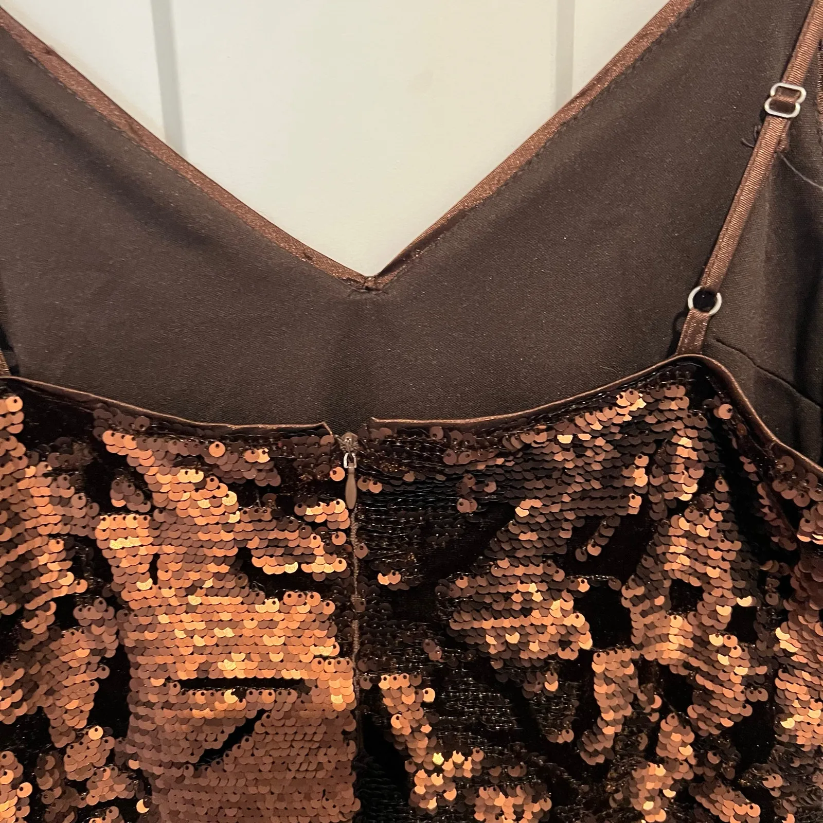 Blush Boutique Velvet Sequin  Strappy Sheath Cocktail Dress Brown Bronze Size L - Image 4