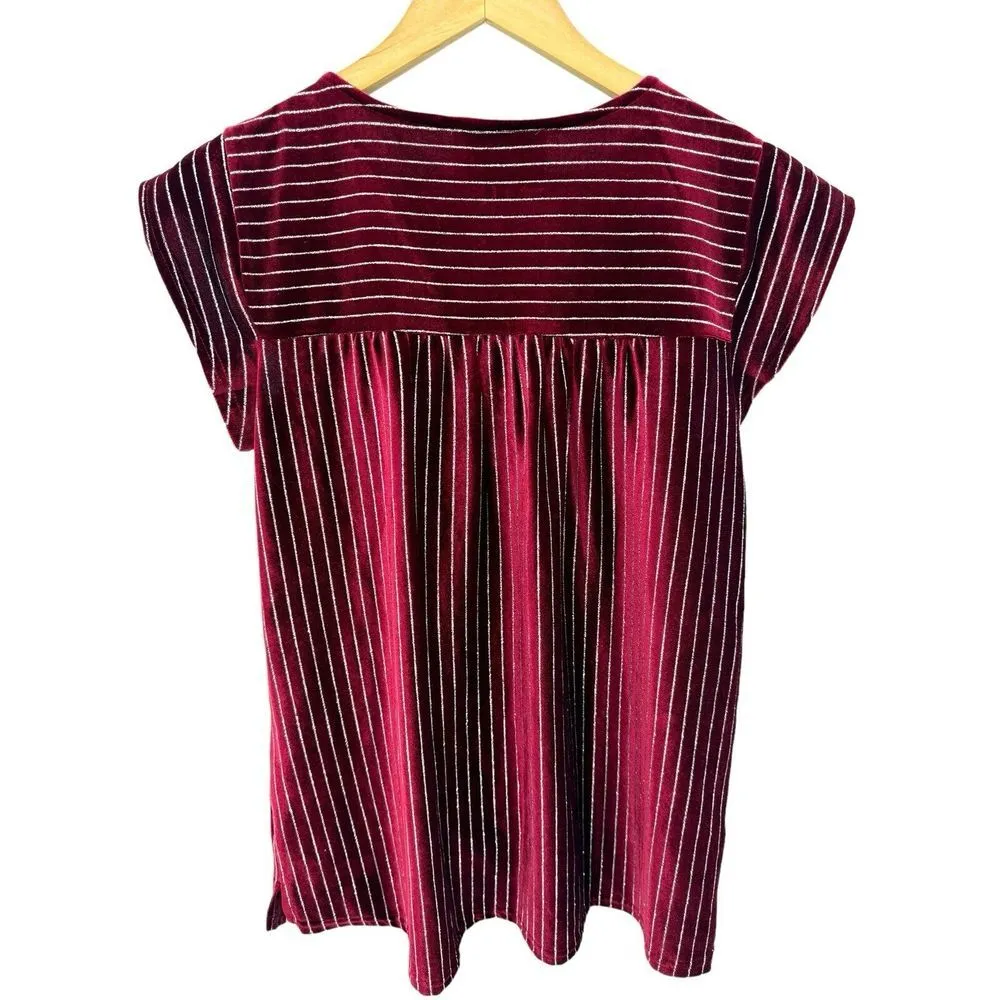 Savanna Jane Top Small Burgundy Velvet Metallic Stripe Silver Floral Embroidered Red - Image 5