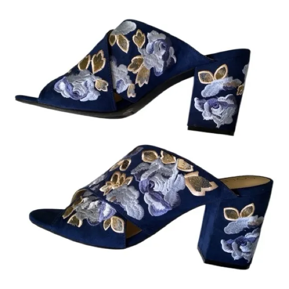 NWOB Sole Society Luella Blue Floral Women's Embroidered Heels Mules Shoes - Image 4