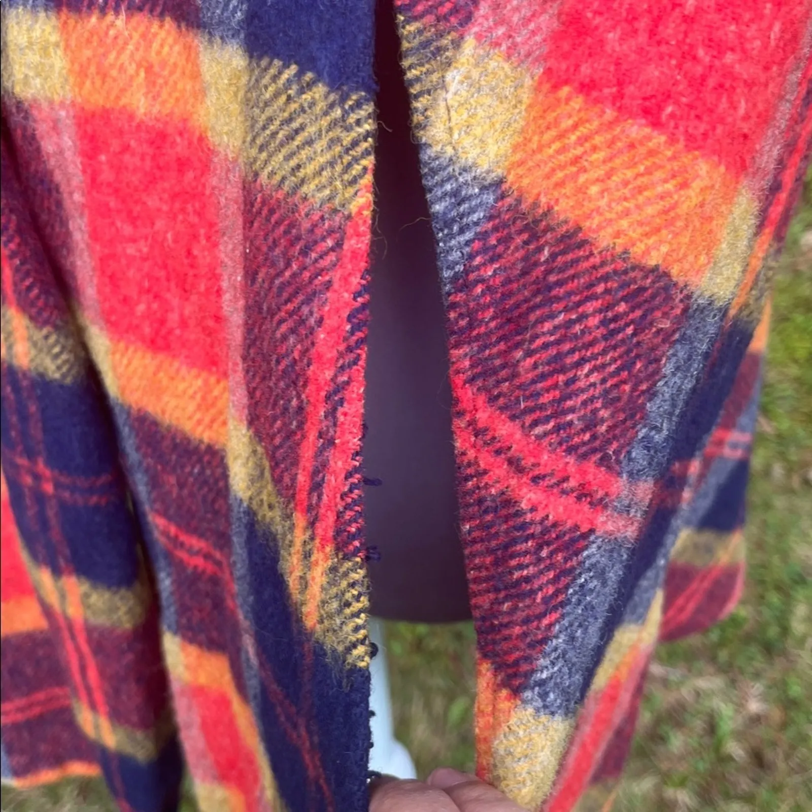 Vintage Red Blue Plaid Wool Blend Cape with Button Closure Size M - Image 3