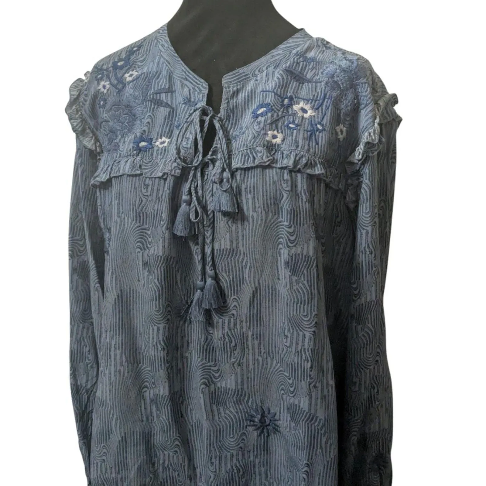 Johnny Was Workshop XL Blue Silk Tunic Blouse Embroidered Ruffle Tassel Boho - Image 3