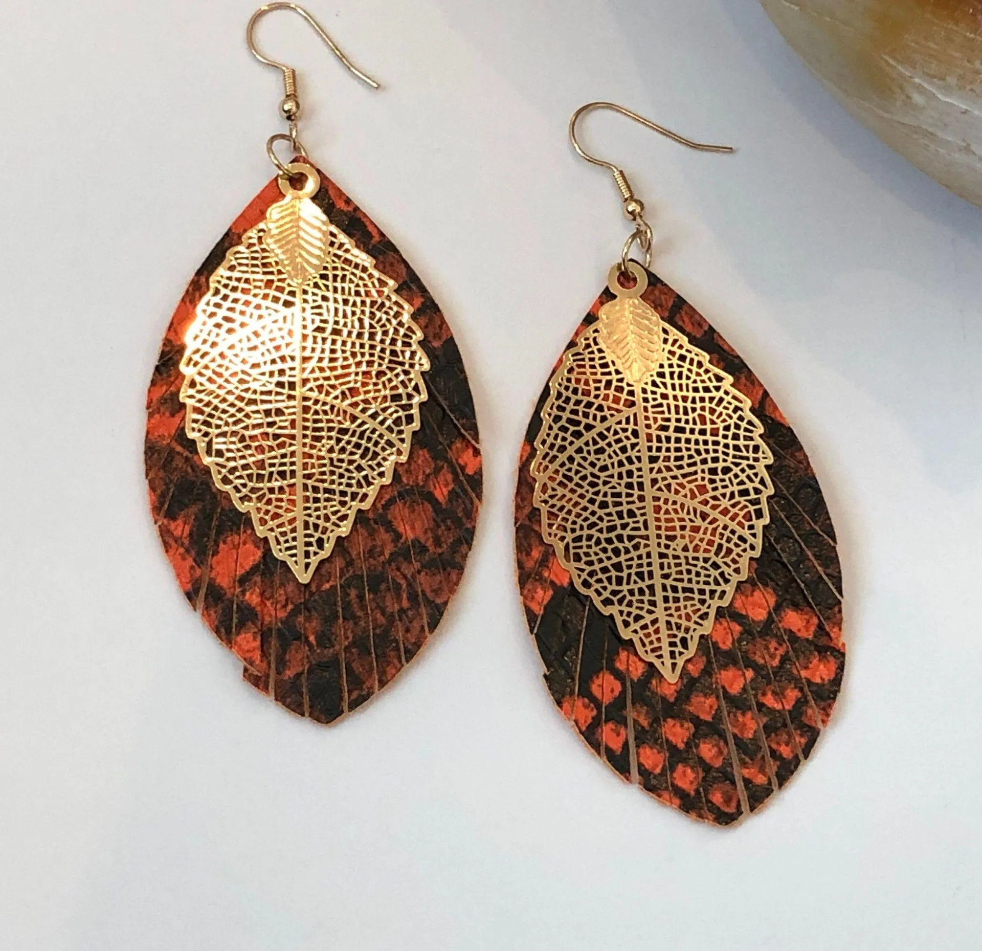 NWT Orange Snakeskin Leather & Metal Leaf Dangle Pierced Earrings - Image 2