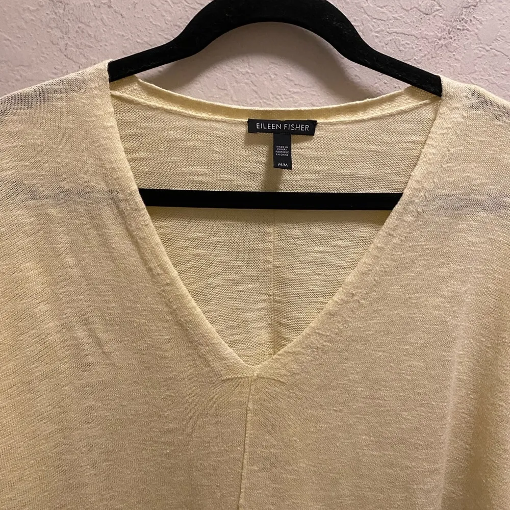 Eileen Fisher Yellow 3/4 Sleeve Slub Knit V-Neck Linen/Cotton Blend Sweater - Image 4