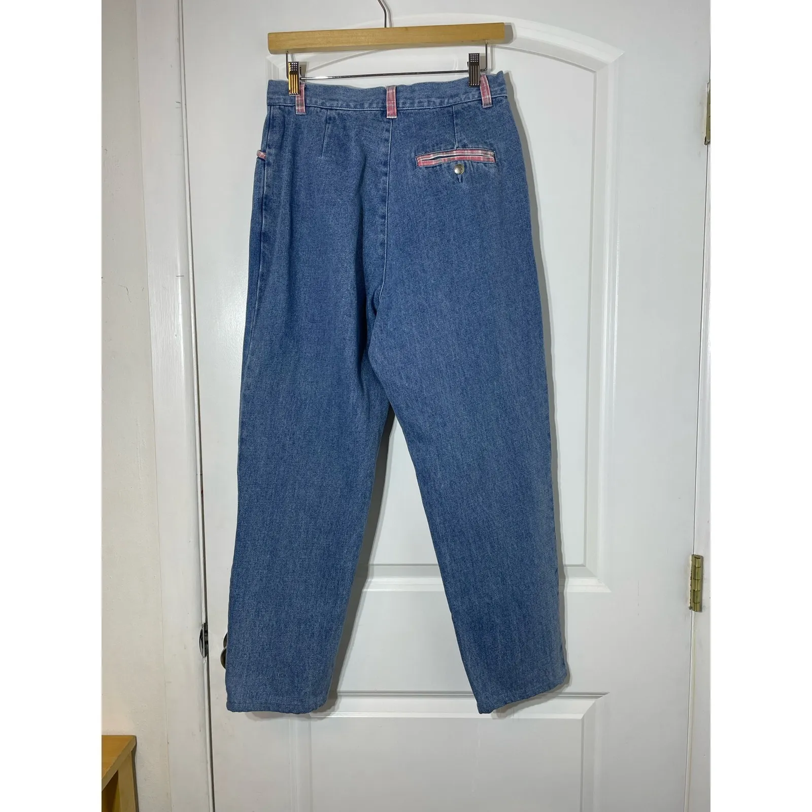 Y2K Gitano Jeans Size 12 High Rise Pink Plaid Trim Baggy Tapered Waist Boho 90s Blue - Image 3
