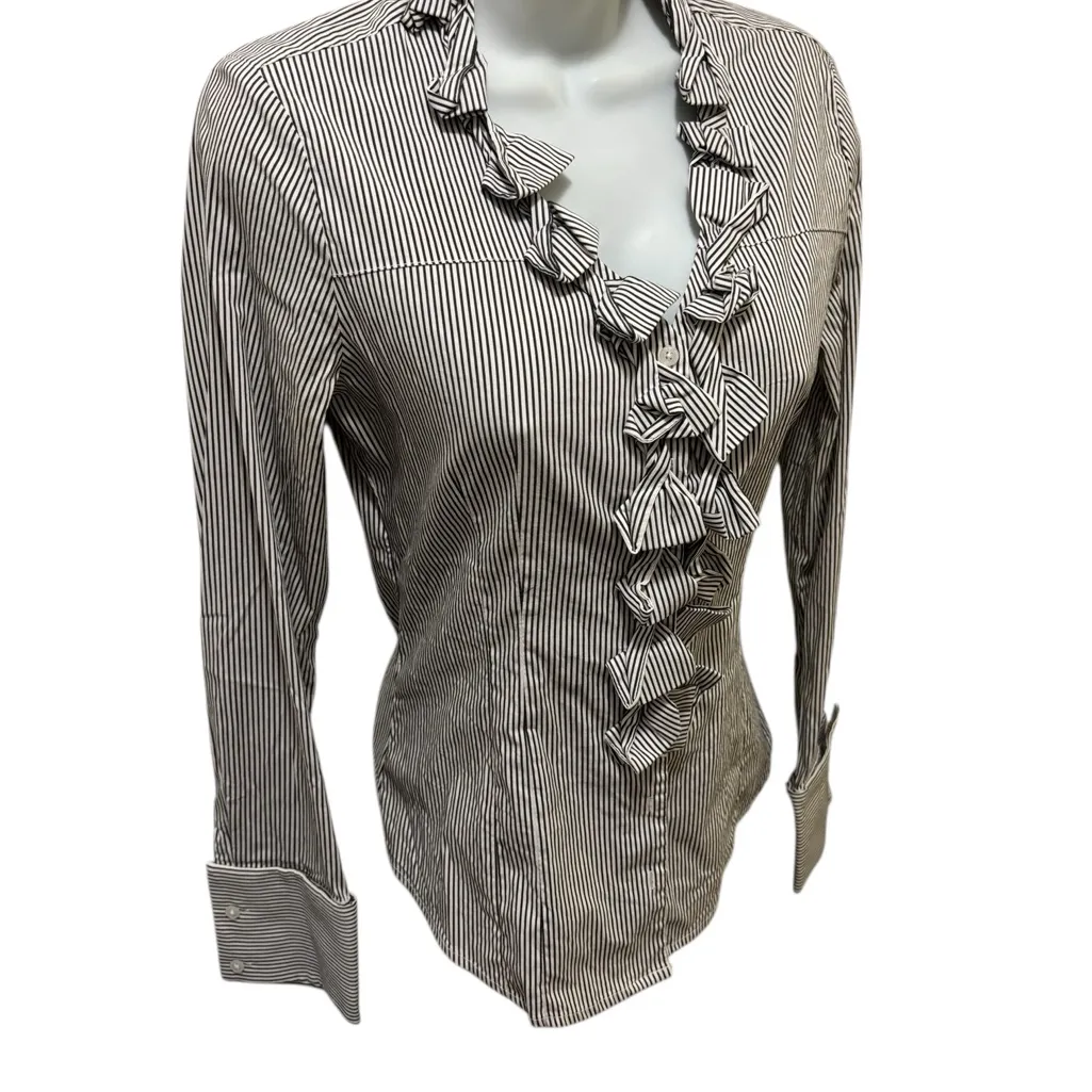 Express Design Studio 90’s Tailored Striped Ruffle Blouse Sz S French Cuff Navy Blue - Image 2