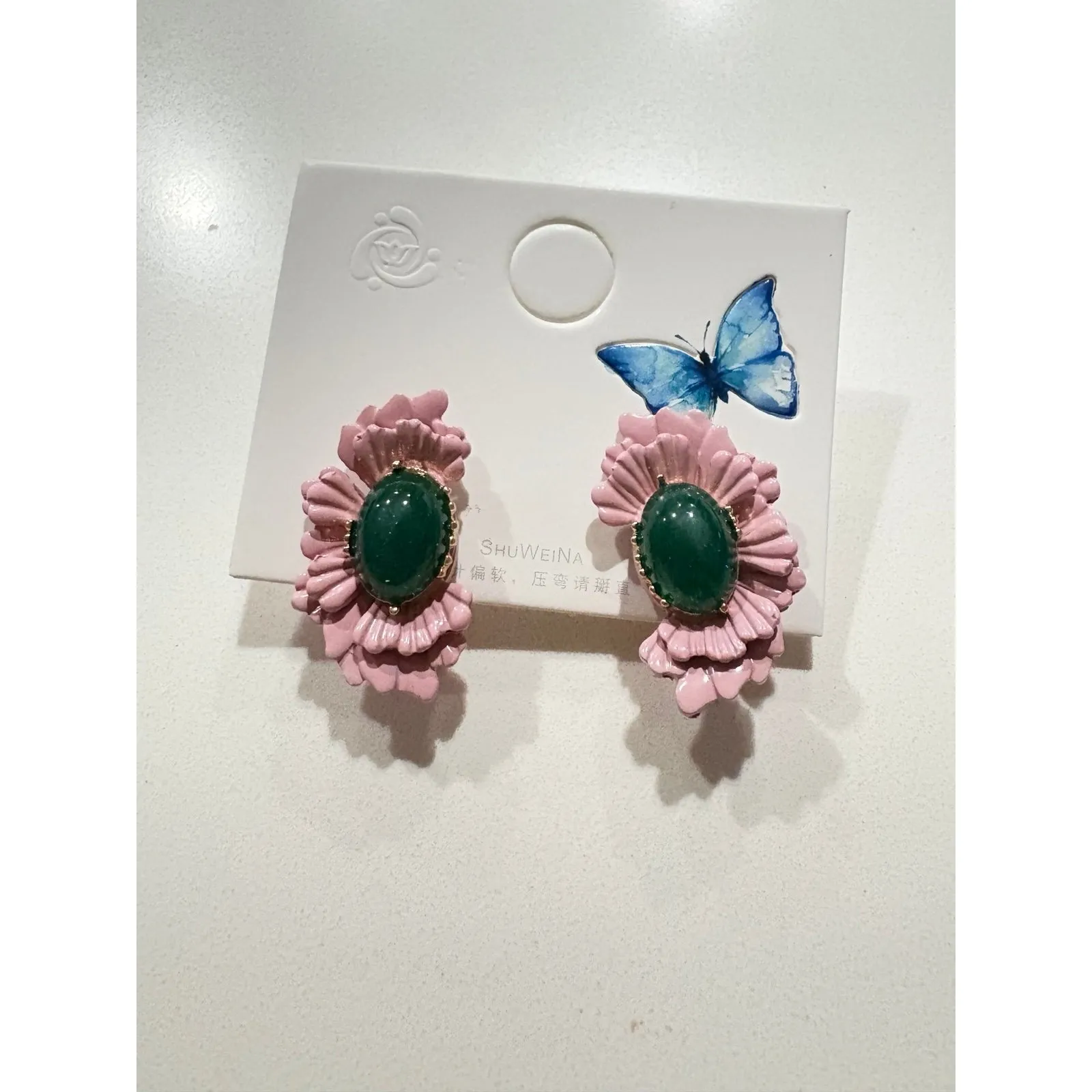Pink Enamel Floral Earrings with Green Jade - Image 6