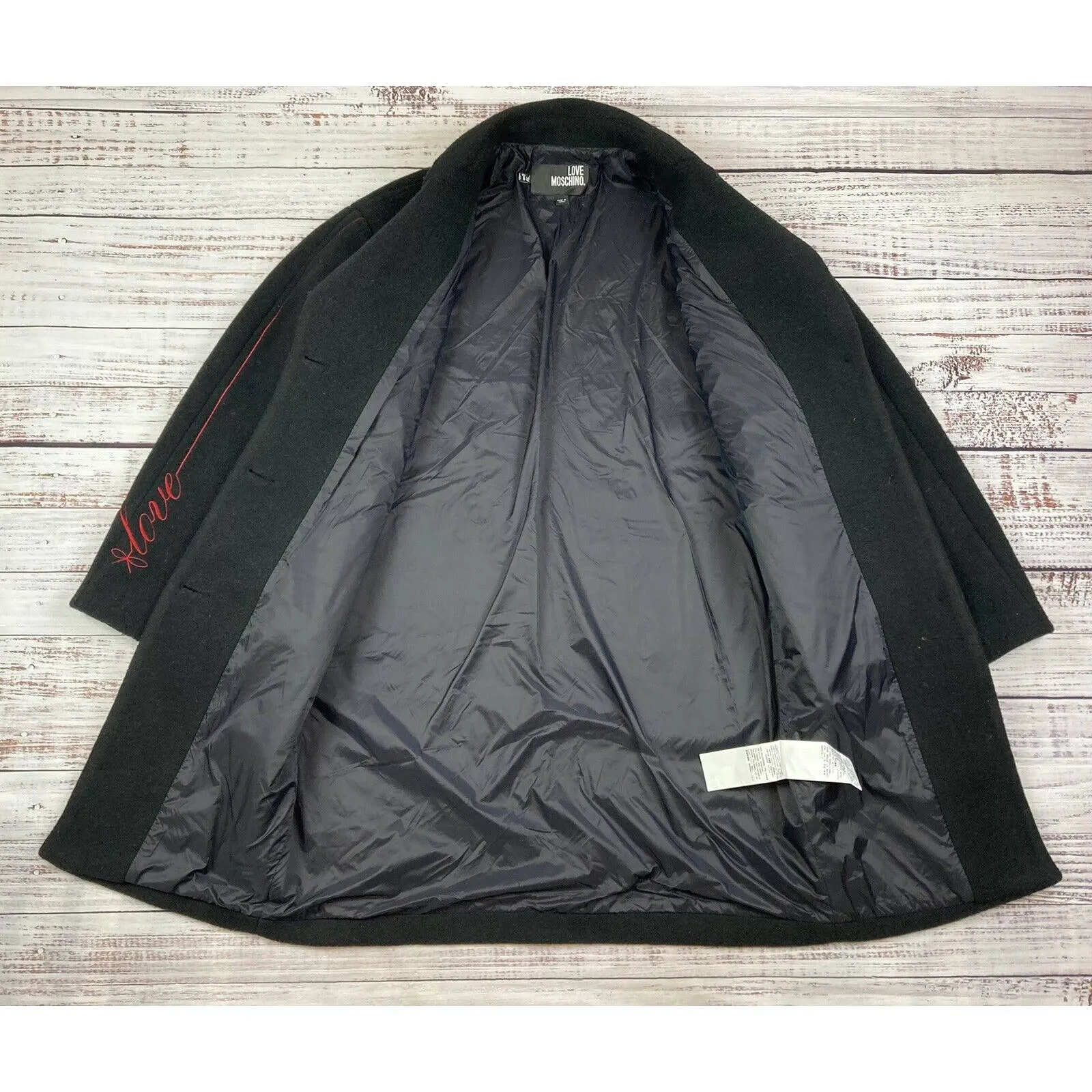 Love Moschino Womens Wool Blend Pea Coat US 6/EU‎ 42 Embroidered Arm Long Jacket - Image 6