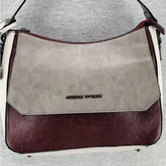 Adrienne Vittadini Burgundy and light gray combo satchel / cross bag - Image 10