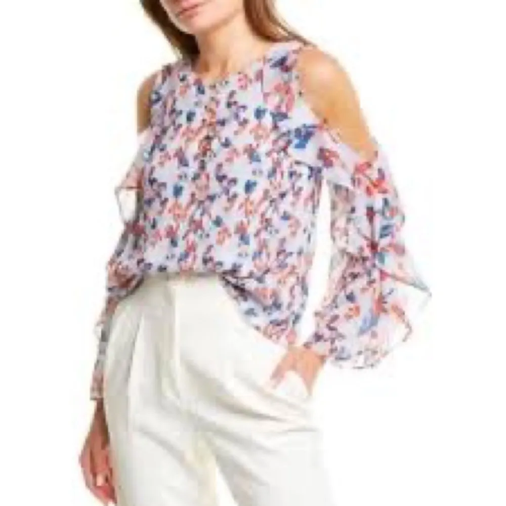 Tanya Taylor  Asymmetrical Ruffled Blue and Pink Blouse - Image 2