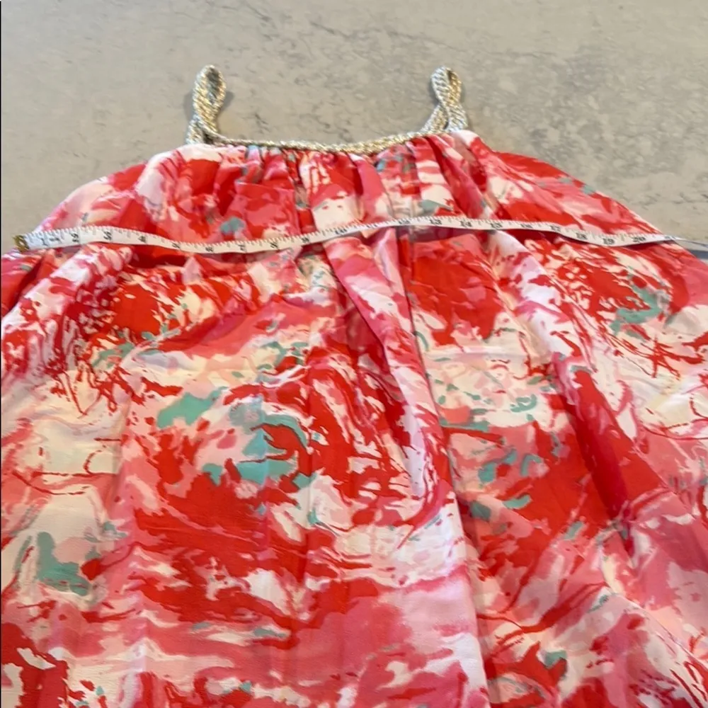 Kaktus Floral Red and Pink Flowy Women's Dress with Gold Braided Trim size Med Orange - Image 6