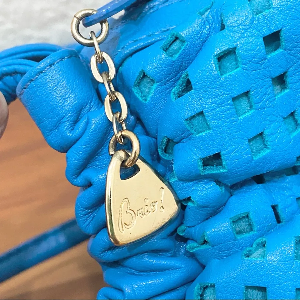 Rare Vintage BRIO! Blue Perforated Genuine Leather Barrel Shoulder Crossbody Bag - Image 11