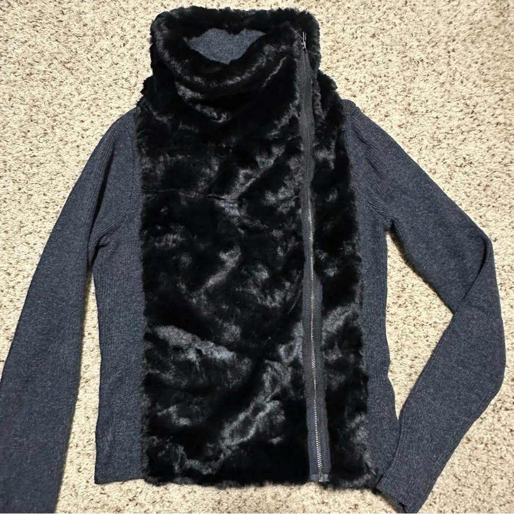 Loft Gray Kit and Faux Fur Moto Style Sweater Jacket - Image 4