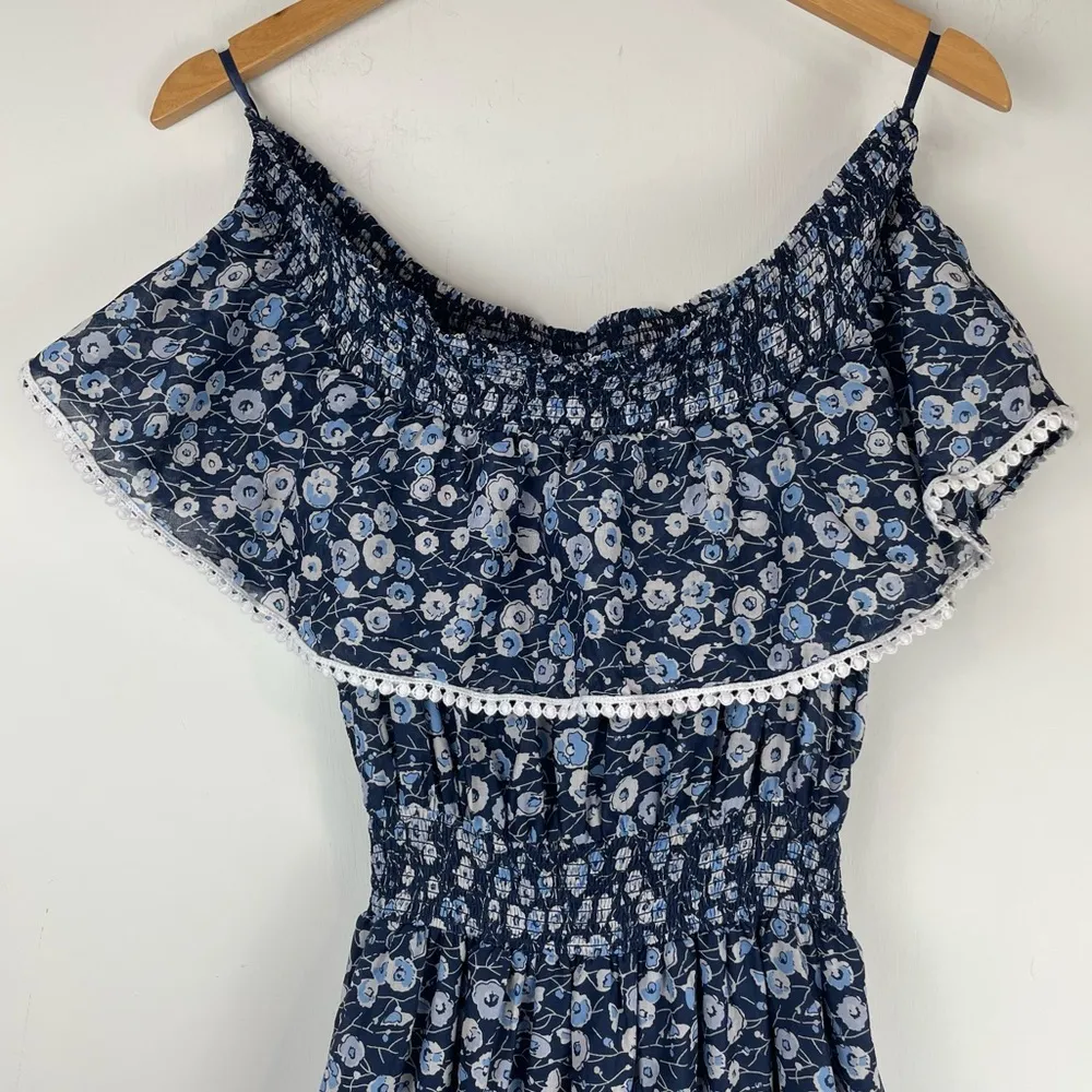 Eva Mendes Blue Floral Off Shoulder Smocked Waist Mini Dress Ruffle Hem Sz Small - Image 4