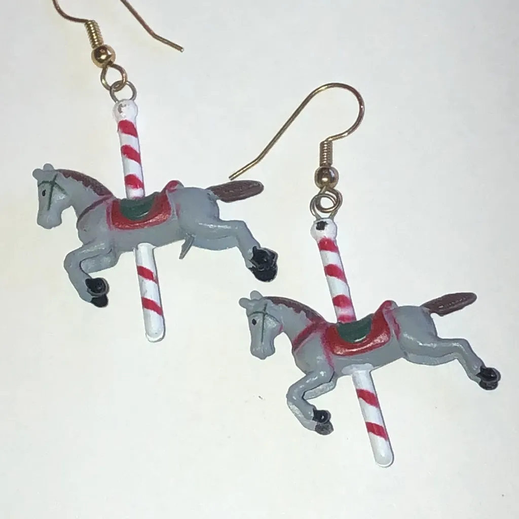 Carousel Horse Retro Boho Unique Earrings Gray - Image 2